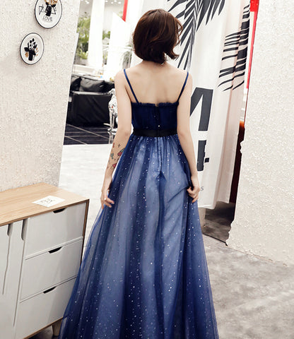Blue tulle long A line prom dress blue evening dress  10068