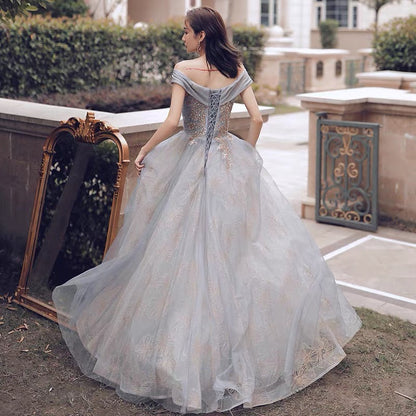 Cute tulle sequins long prom dress A line evening gown  10124