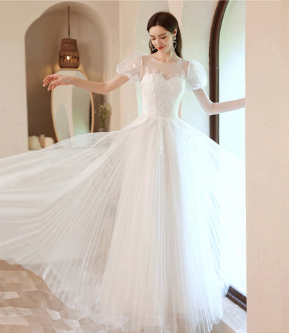 White tulle lace long prom dress A line evening gown  10057