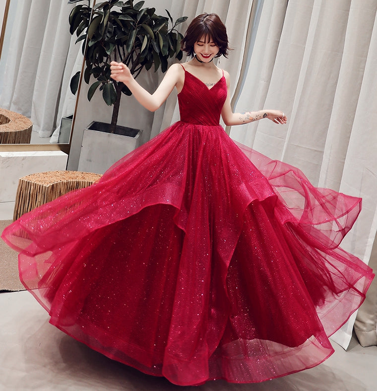 Burgundy v neck tulle long prom dress, formal dress  10082