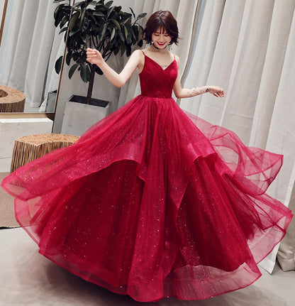 Burgundy v neck tulle long prom dress, formal dress  10082