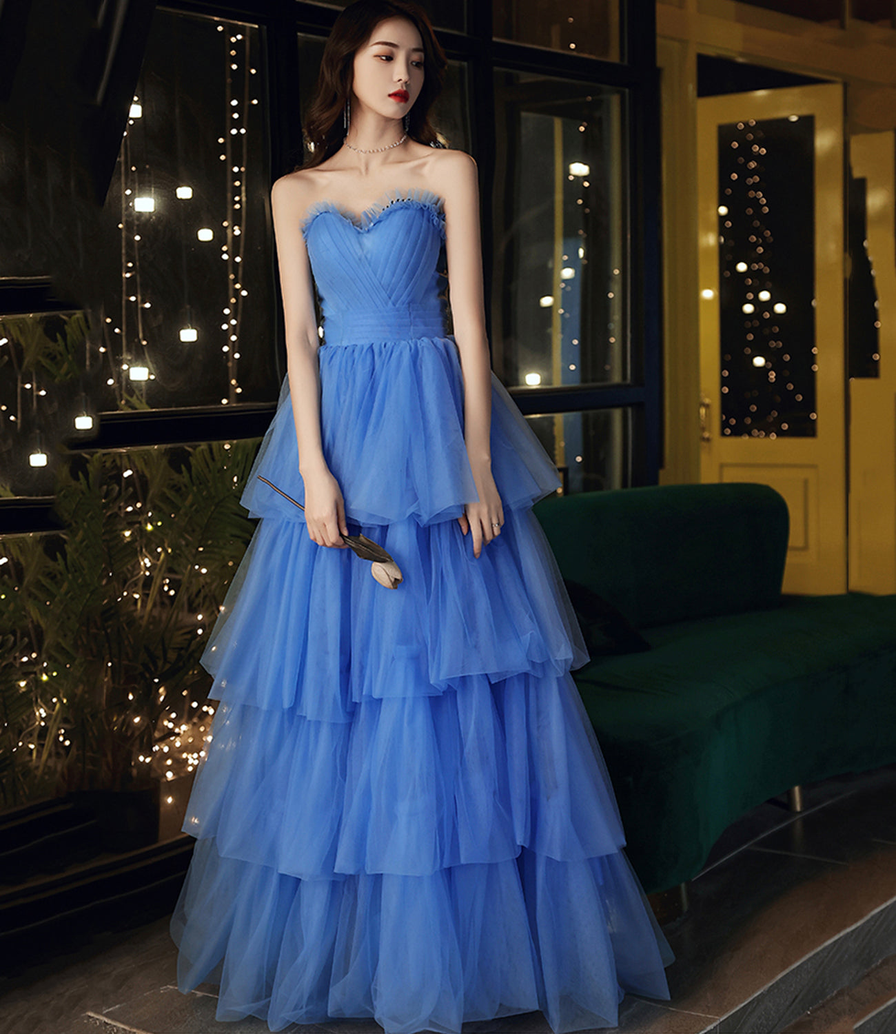Blue tulle long A line prom dress blue evening gown  10053