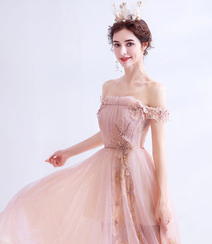 Pink tulle long A line prom dress pink evening dress  10129
