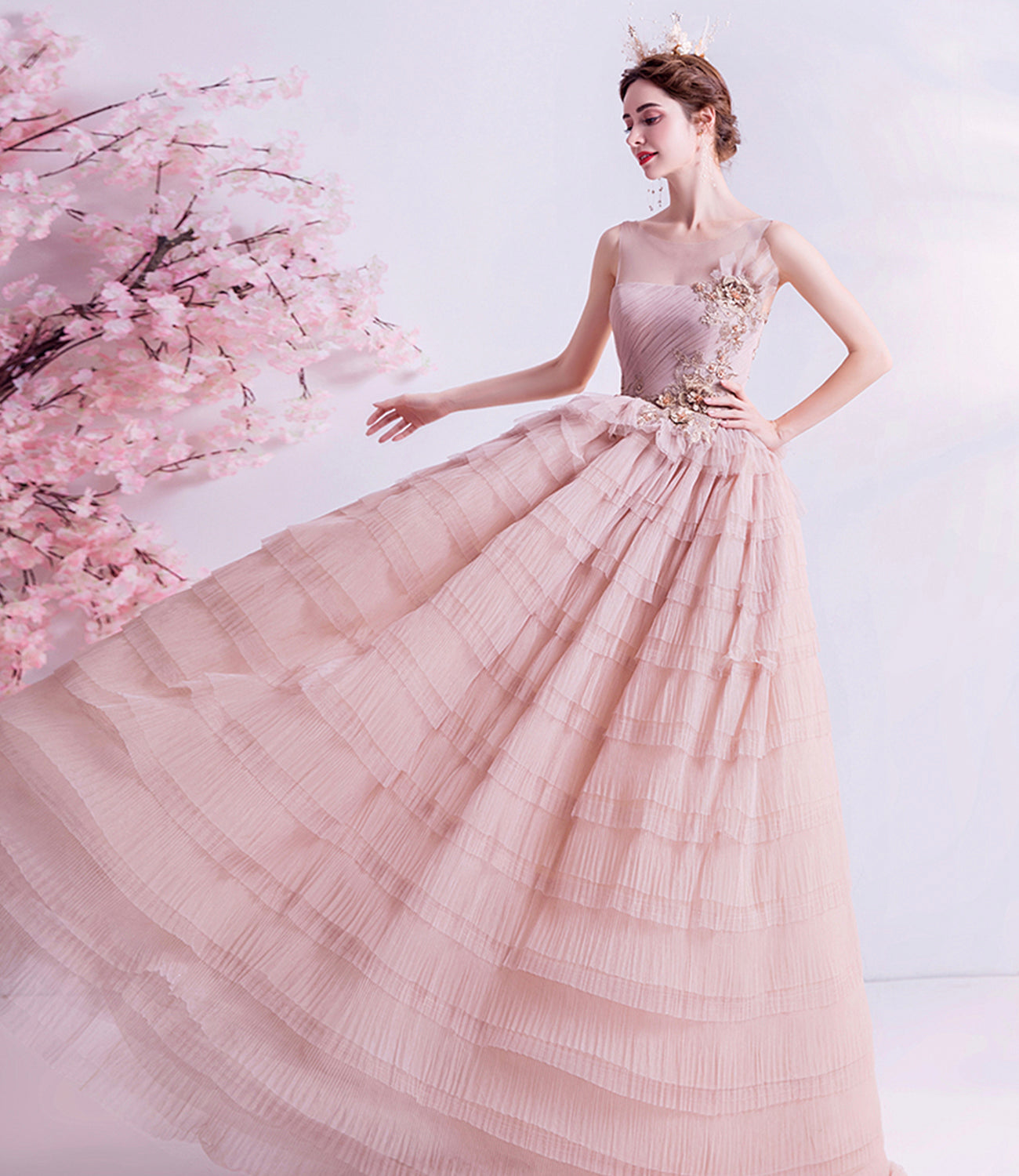 Pink tulle lace long prom dress A line evening gown  10059