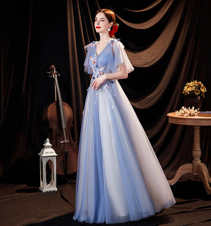 Blue tulle lace long prom dress A line evening gown  10056