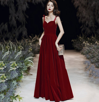 Red velvet long prom dress Simple evening gown  10115