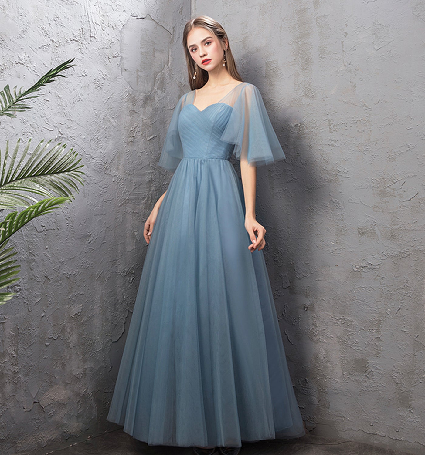 Blue tulle long prom dress A line evening dress  10024