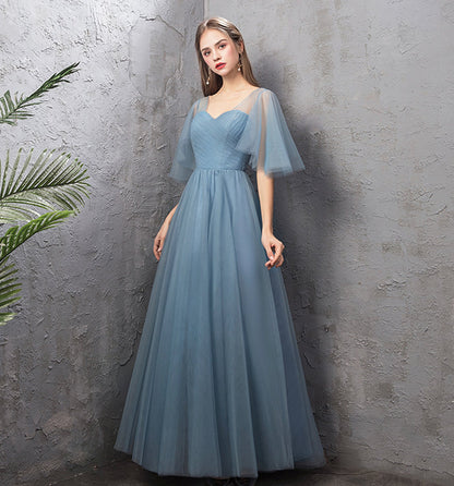 Blue tulle long prom dress A line evening dress  10024