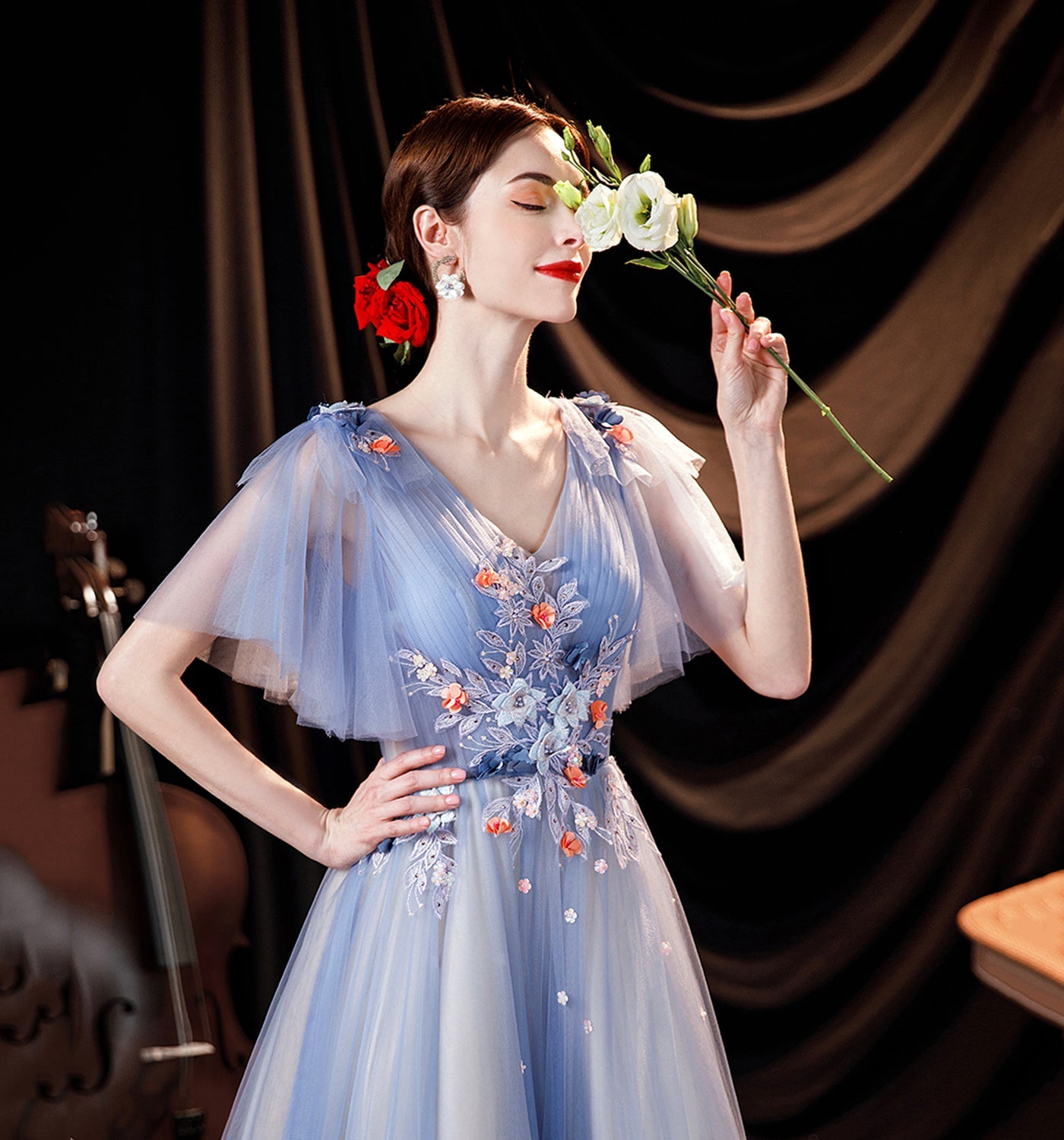 Blue tulle lace long prom dress A line evening gown  10056