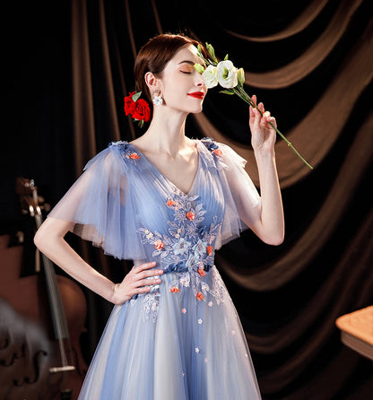 Blue tulle lace long prom dress A line evening gown  10056