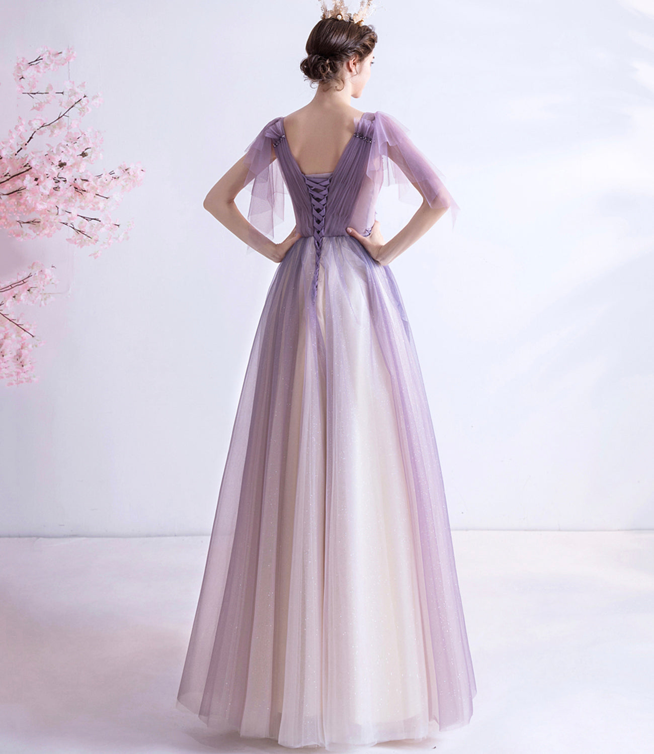 Purple v neck tulle long prom dress A line evening gown  10130