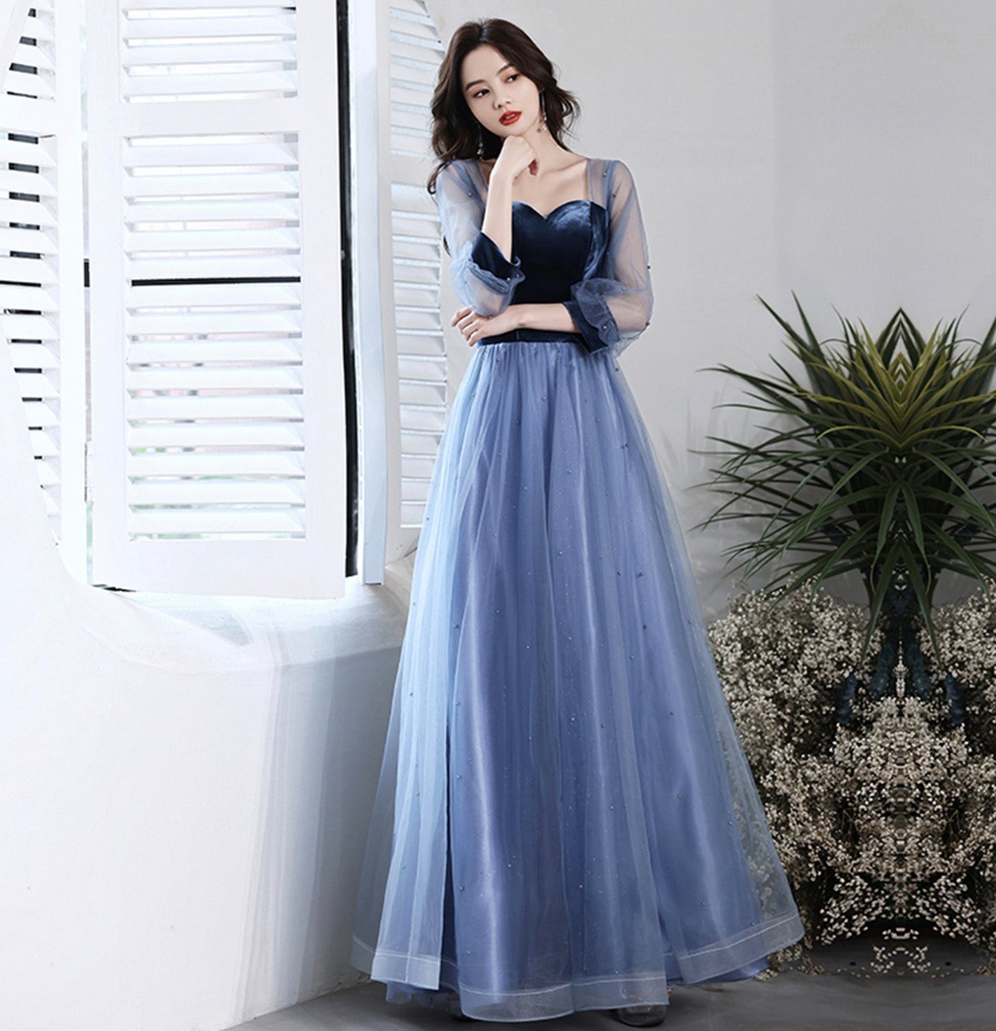 Blue vlevet tulle long prom dress A line evening gown  10077
