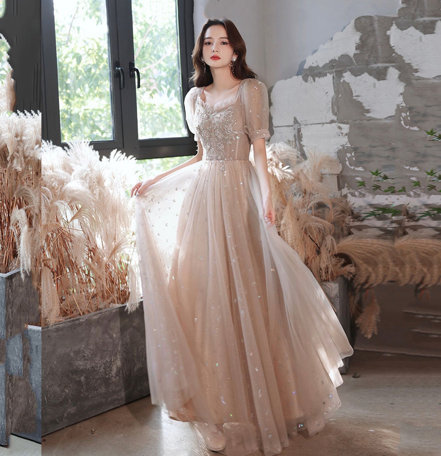Cute tulle lace long A line prom dress evening gown  10041
