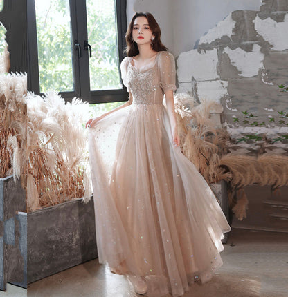 Cute tulle lace long A line prom dress evening gown  10041