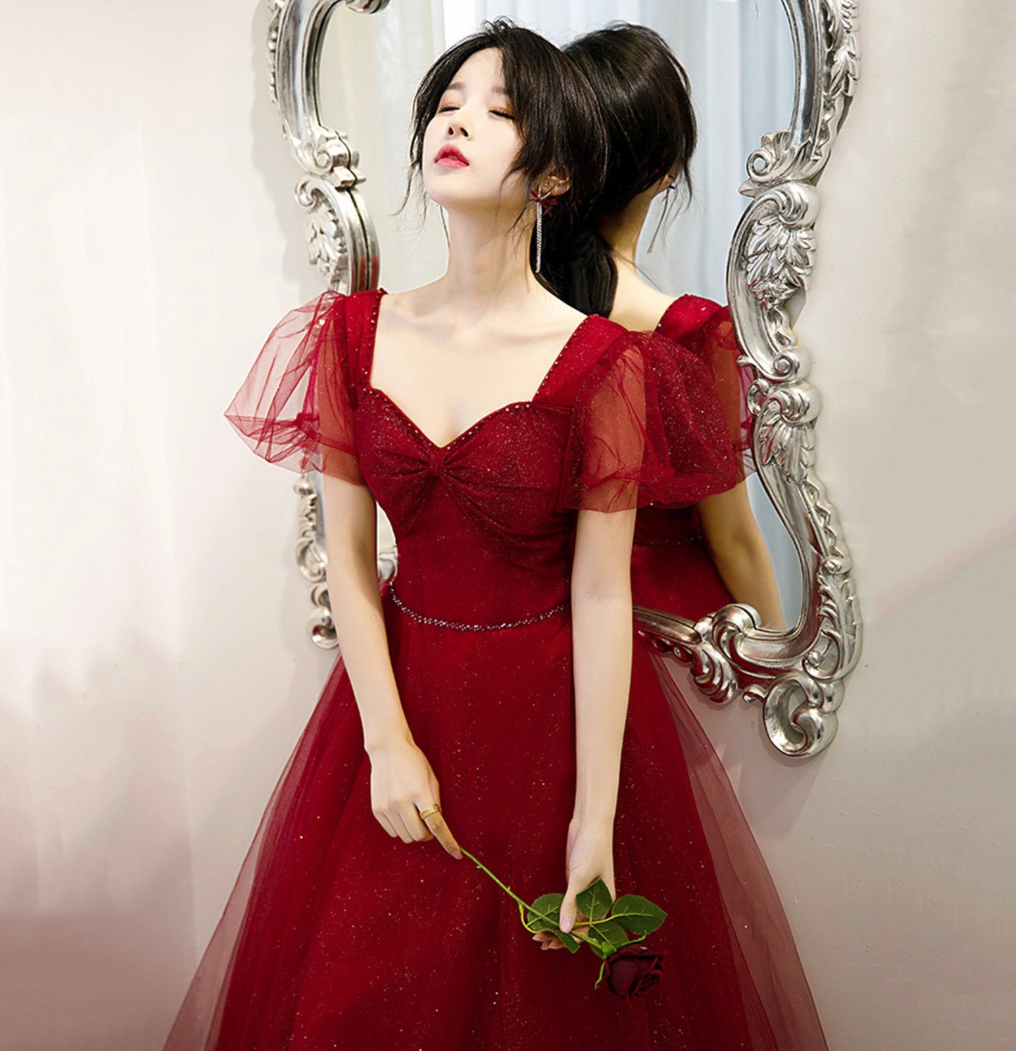 Burgundy tulle long A line prom dress evening gown  10070