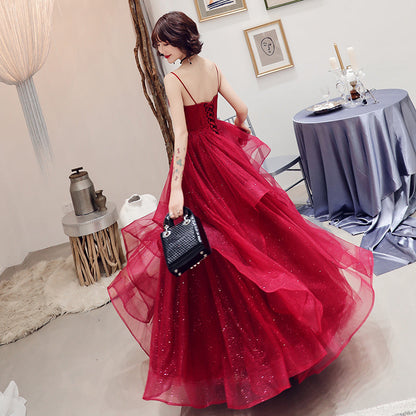Burgundy v neck tulle long prom dress, formal dress  10082