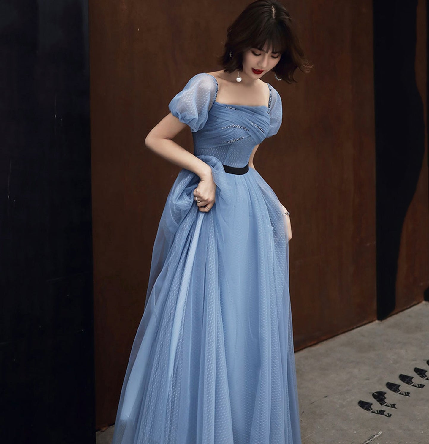Blue tulle long prom dress blue evening dress  10054