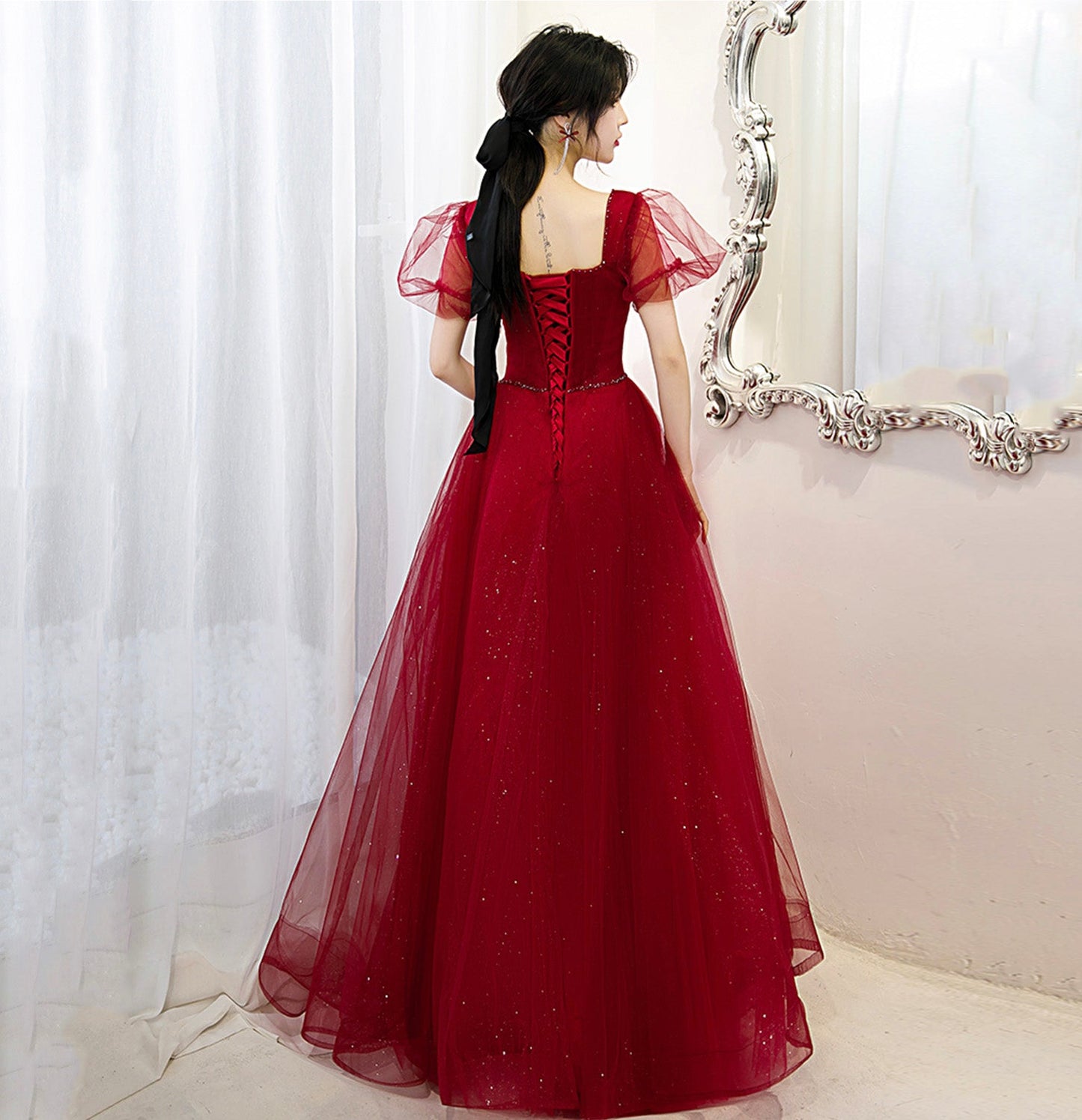Burgundy tulle long A line prom dress evening gown  10070