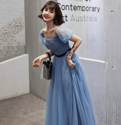 Blue tulle long prom dress blue evening dress  10054