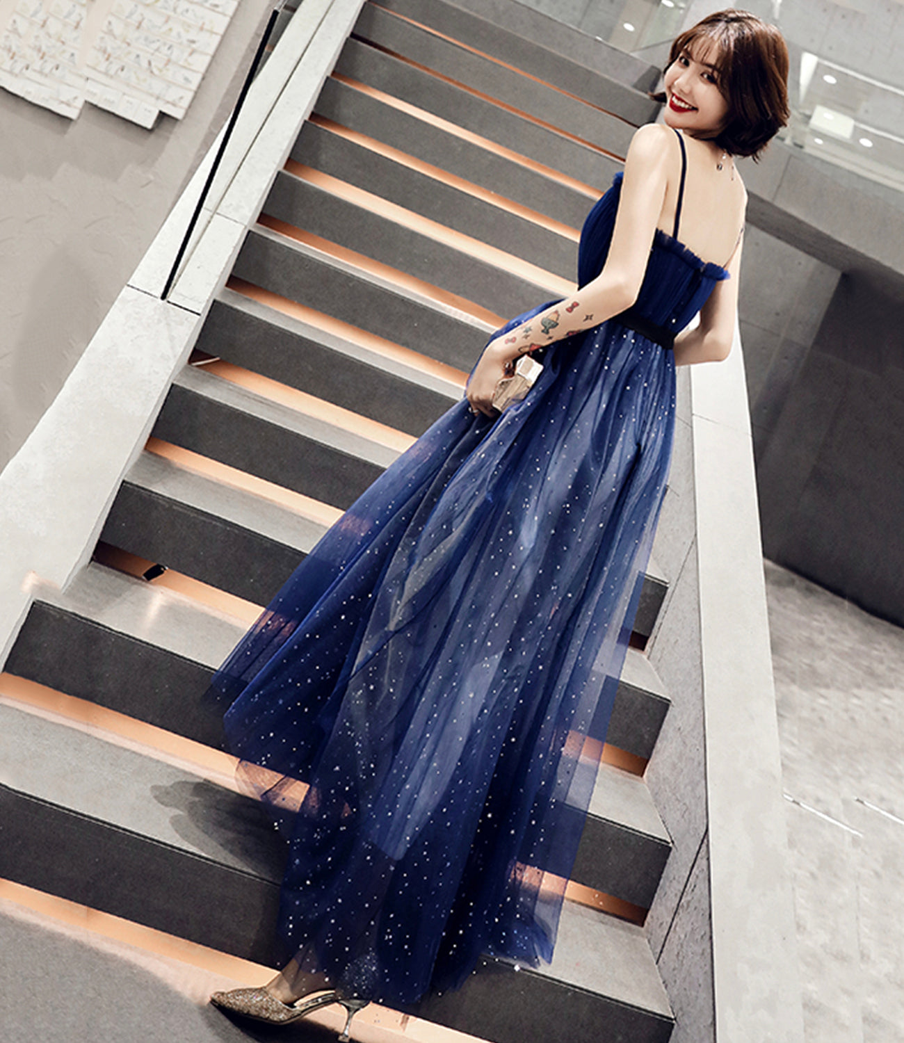 Blue tulle long A line prom dress blue evening dress  10068