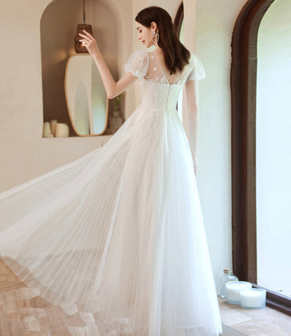 White tulle lace long prom dress A line evening gown  10057