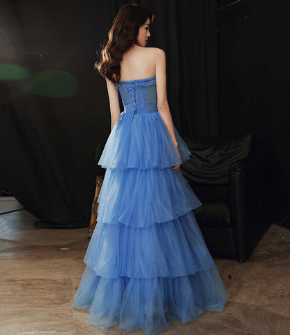 Blue tulle long A line prom dress blue evening gown  10053