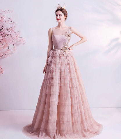 Pink tulle lace long prom dress A line evening gown  10059