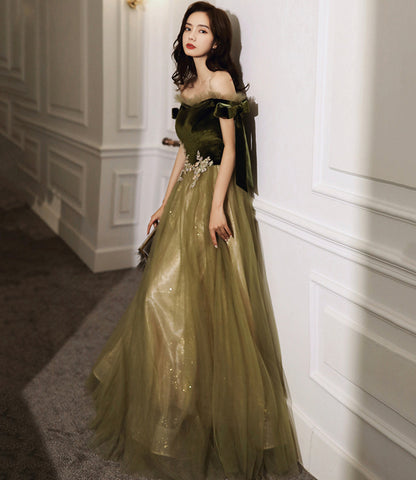 Green velvet tulle long A line prom dress evening dress  8828