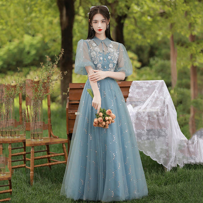 Blue tulle lace long prom dress evening dress  8999