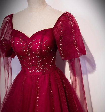 Burgundy tulle beads long prom dress evening gown  10005