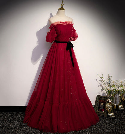 Burgundy tulle long prom dress A line evening gown  10009