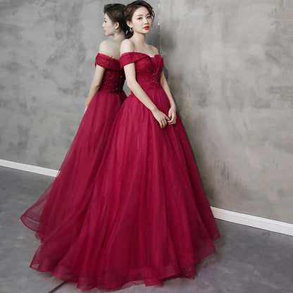 Burgundy tulle beads long prom dress A line evening dress  8997