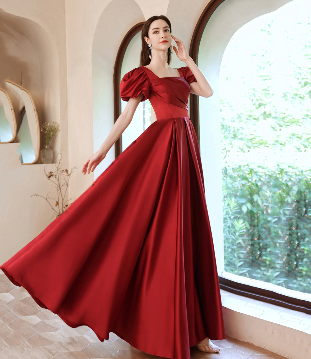 Burgundy satin long A line prom dress evening dress  8829