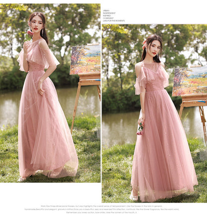 Pink tulle long A line prom dress pink evening dress  10040