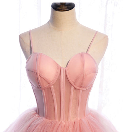 Pink tulle long prom dress A line evening gown  10012