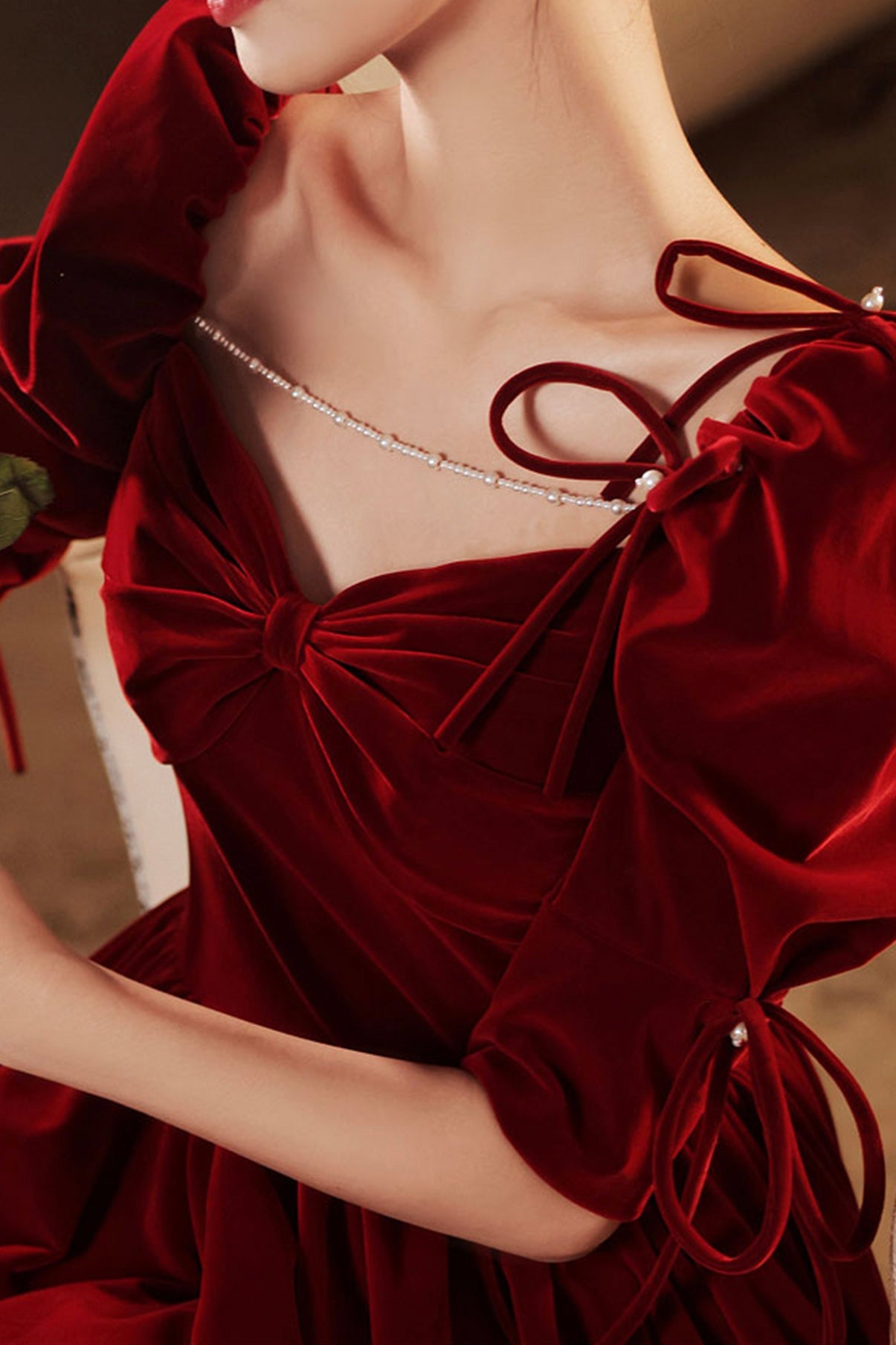 Burgundy velvet long prom dress A line evening gown  10025