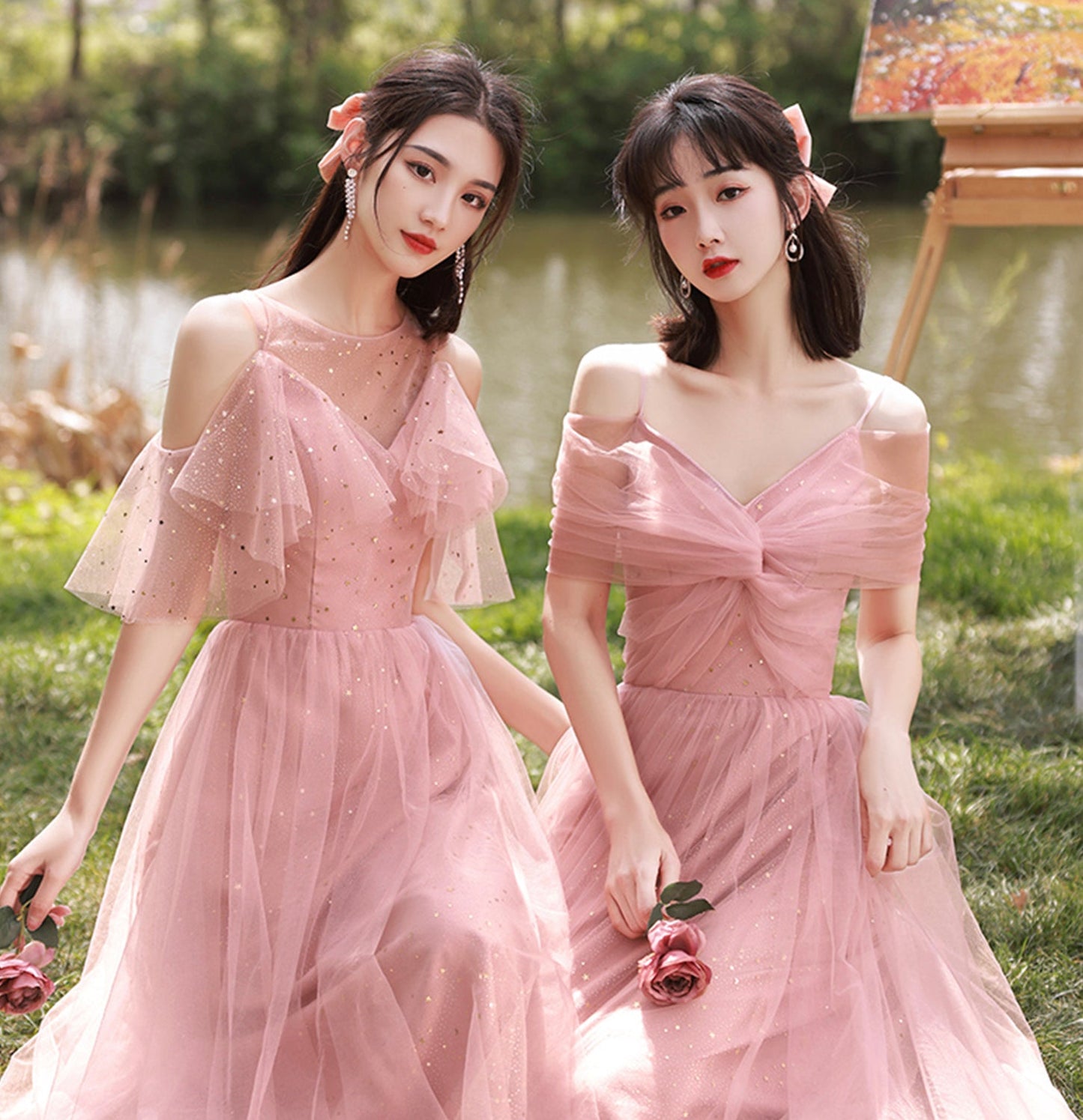 Pink tulle long A line prom dress pink evening dress  10040