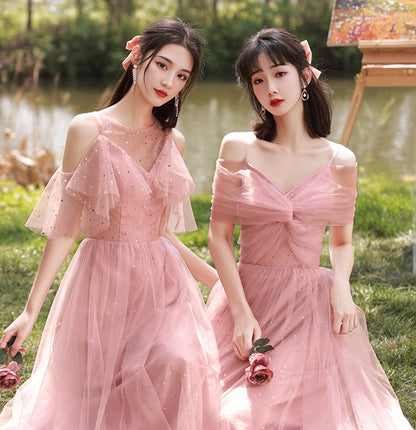 Pink tulle long A line prom dress pink evening dress  10040