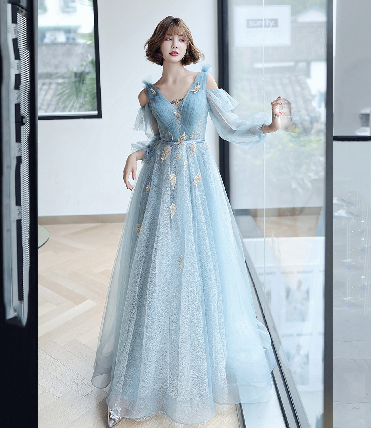 Blue tulle lace long A line prom dress evening dress  8827