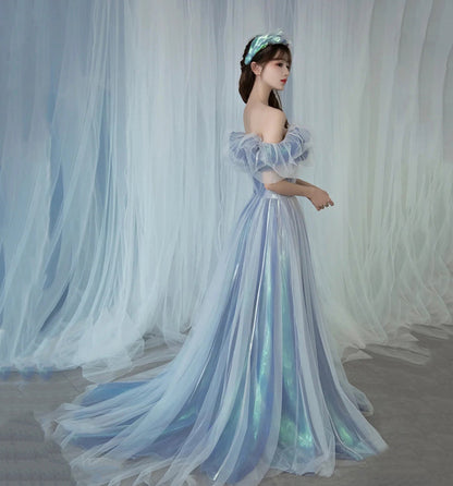 Romantic tulle long A line prom dress blue evening gown  10023