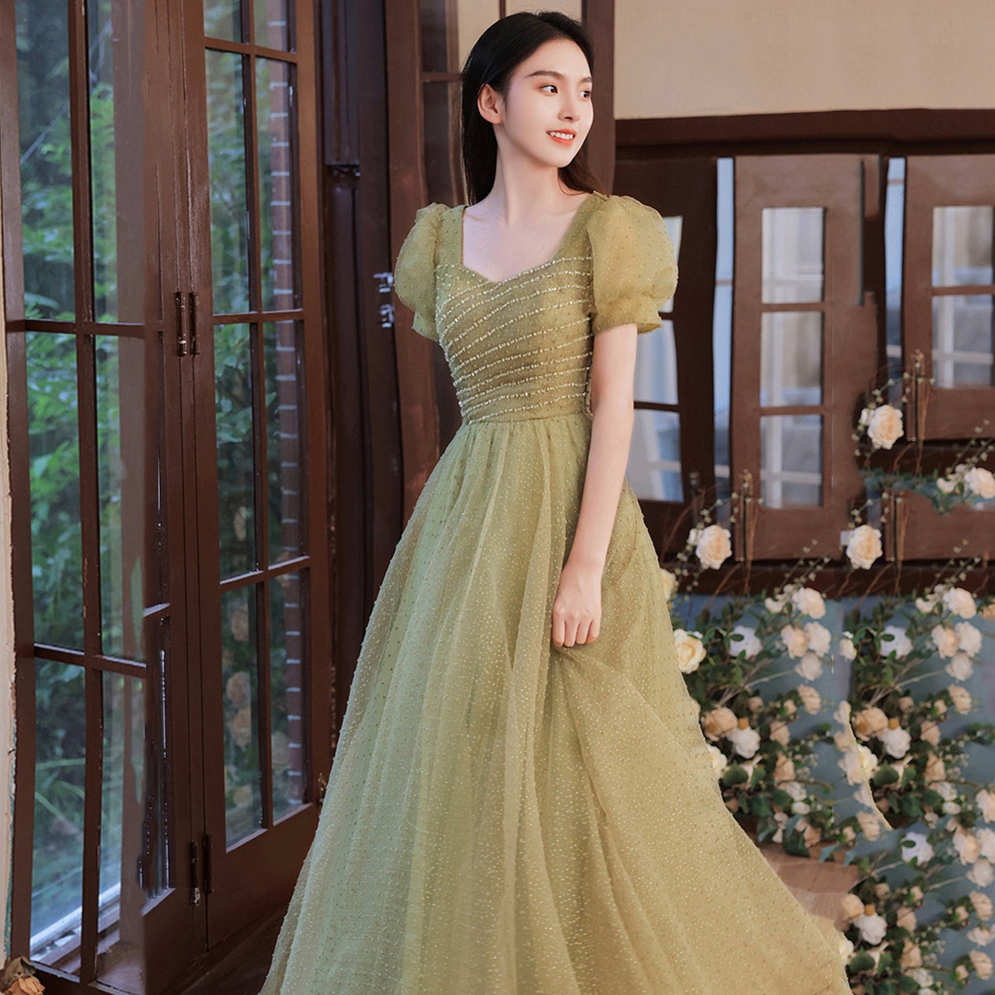Green tulle beads long prom dress A line evening dress  8993