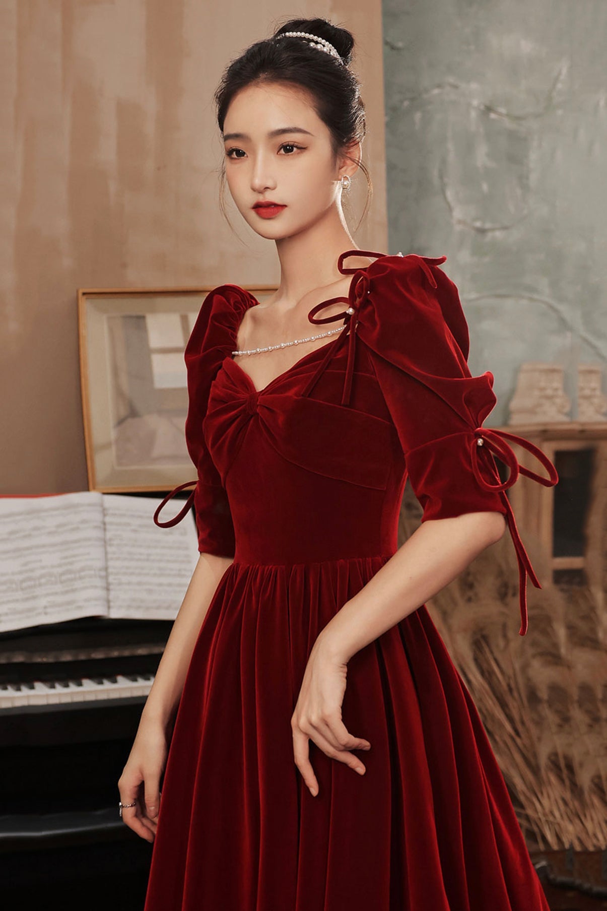 Burgundy velvet long prom dress A line evening gown  10025