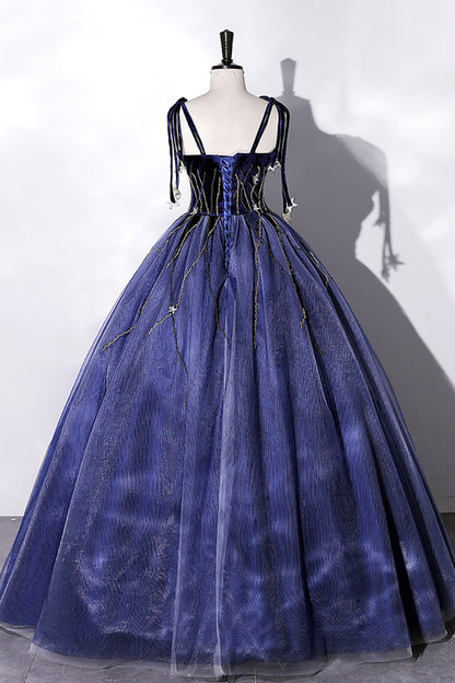 Blue Spaghetti Strap Tulle Long Prom Dress with Star, Blue Evening Party Dress