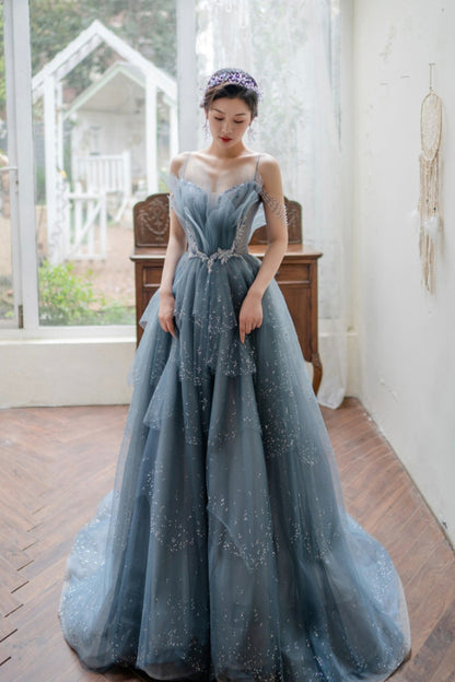Blue Tulle Beaded Long A-Line Prom Dress, Blue Formal Evening Gown
