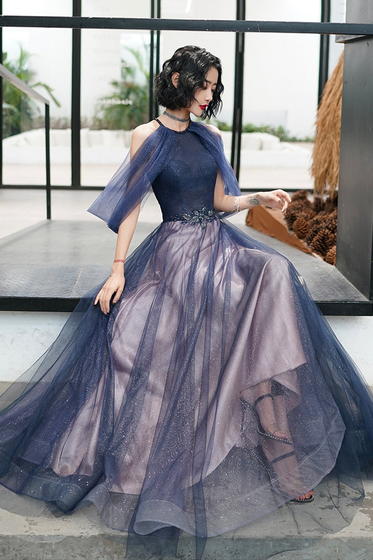 Blue Tulle Long A-Line Prom Dress, Off the Shoulder Evening Graduation Dress