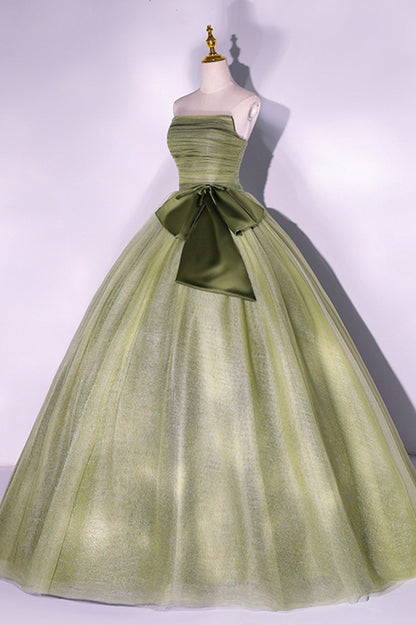 Green Tulle Long A-Line Prom Dress, Green Strapless Evening Gown