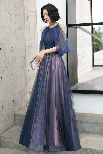 Blue Tulle Long A-Line Prom Dress, Off the Shoulder Evening Graduation Dress