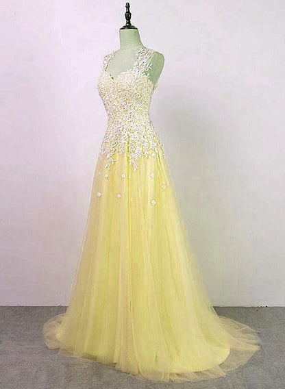 Yellow Tulle with Applique Long Party Dress, Charming Junior Prom Dress KS5990