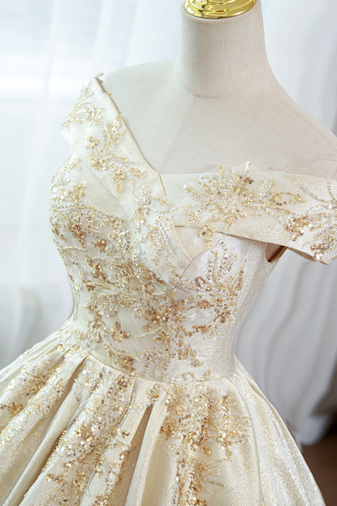 Champagne Satin Long Prom Dress with Beaded, V-Neck Evening Party Dress