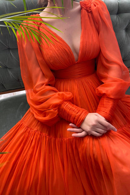 Orange Chiffon Floor Length Prom Dress, Long Sleeve Evening Party Dress
